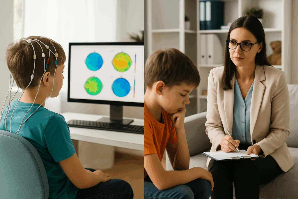 کودک در حال انجام نوروفیدبک برای درمان بیش‌فعالی ADHD درکلینیک بیش‌فعالی در شیراز