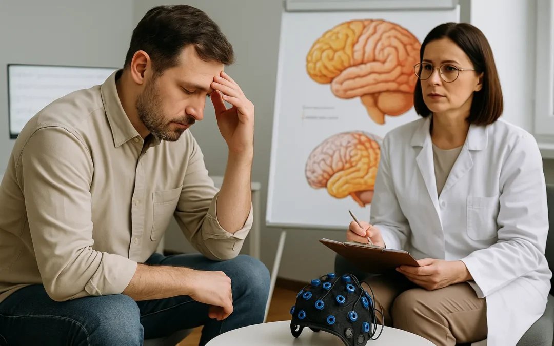 پزشک و بیمار در حال انجام تست نقشه مغزی QEEG در کلینیک ترک اعتیاد شیراز VIP