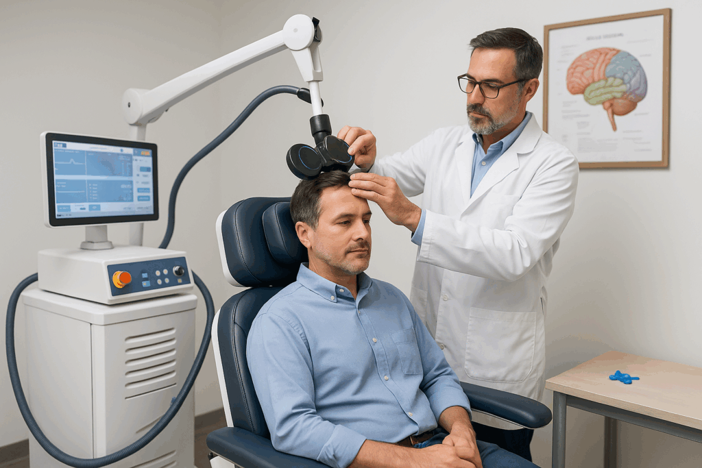 «اتاق rTMS کلینیک سلامت مغز دانا در شیراز» – دستگاه rTMS، کویل روی ناحیه پیش‌پیشانی چپ، تکنسین در حال تنظیم.